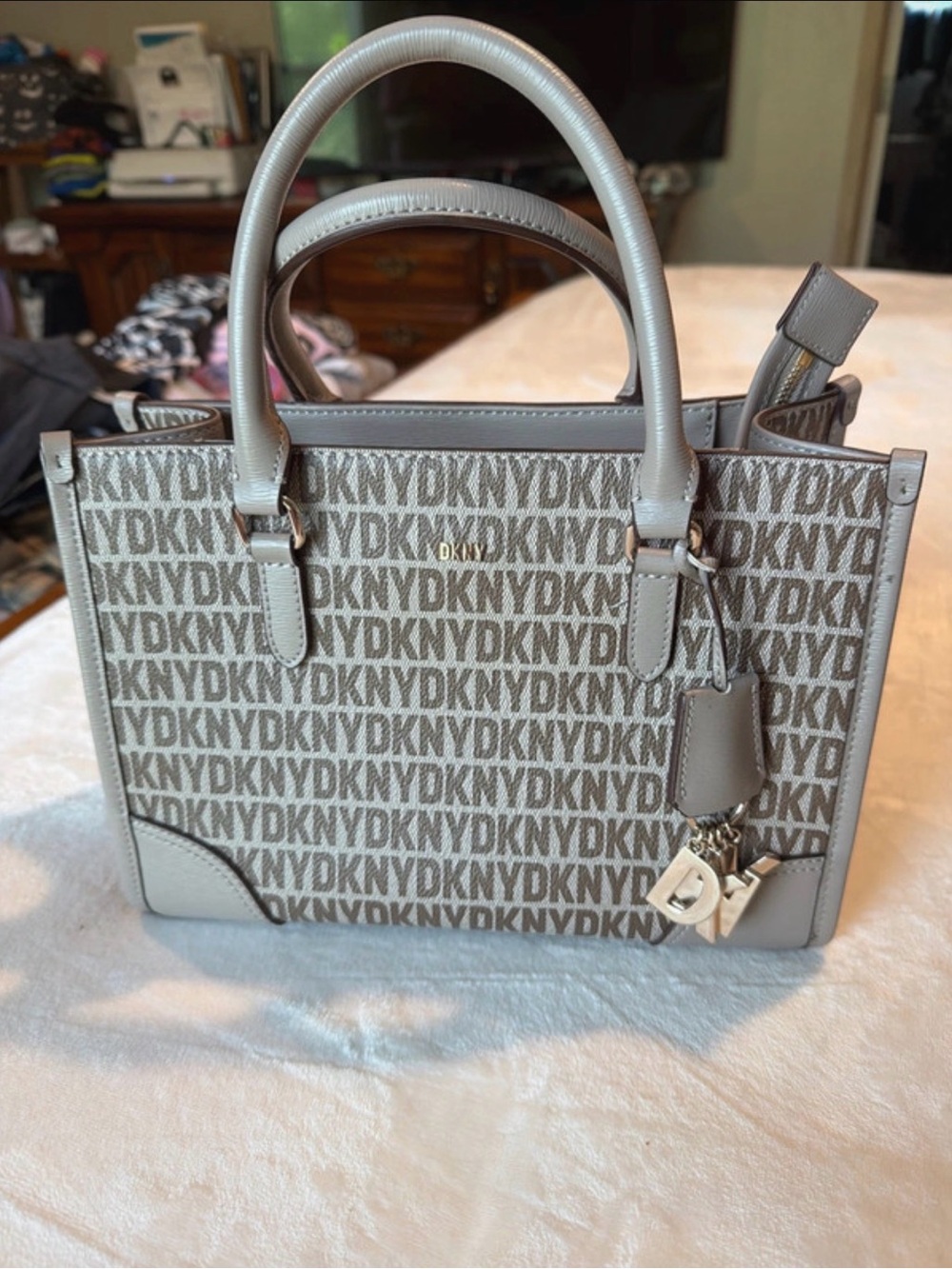 Dkny Taupe Logo Satchel with Gold Hardware
